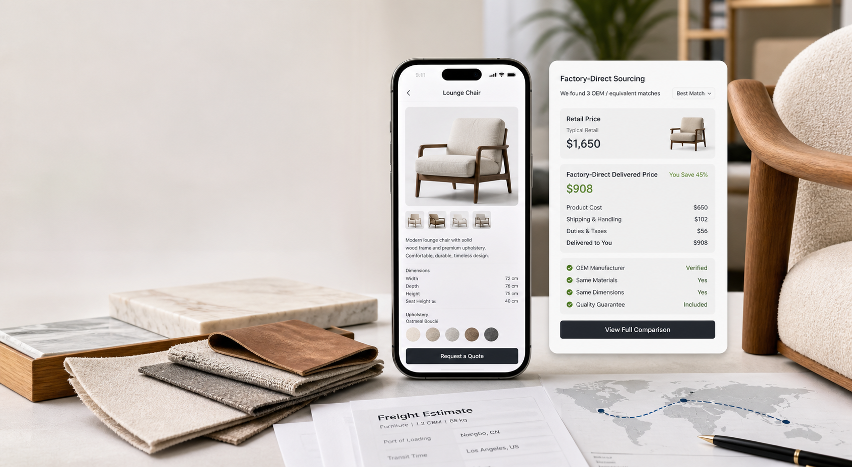 Mobile furniture sourcing dashboard with chair comparison, material samples, freight estimate, and route map.